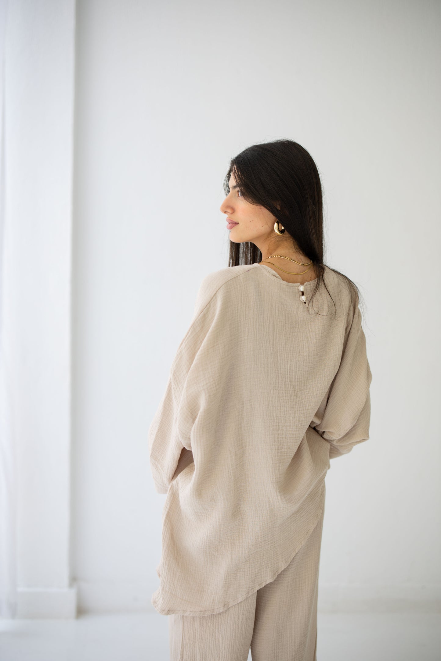Cotton beige set with asymmetrical top