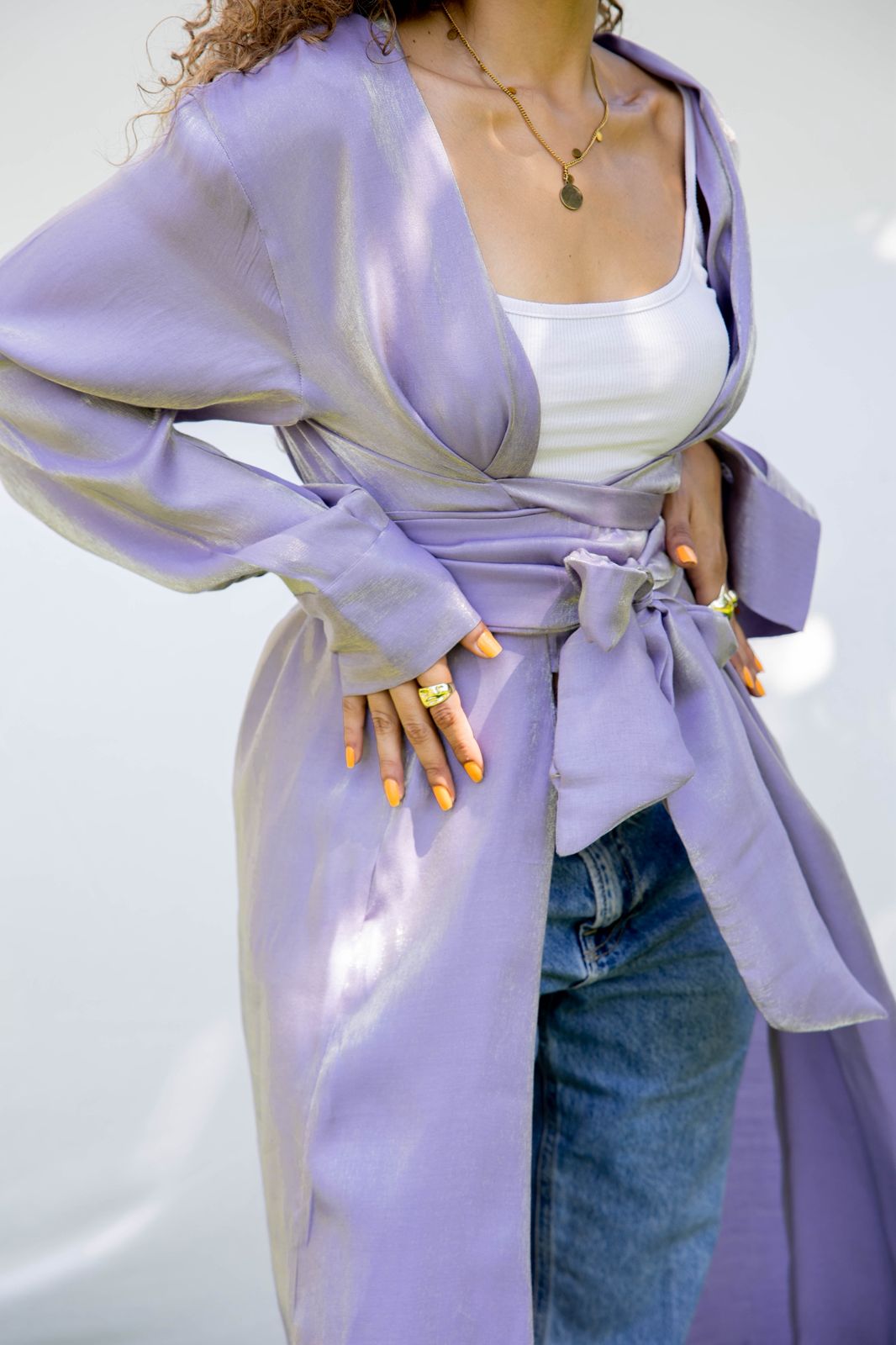 Shimmer wrap-tie long shirt