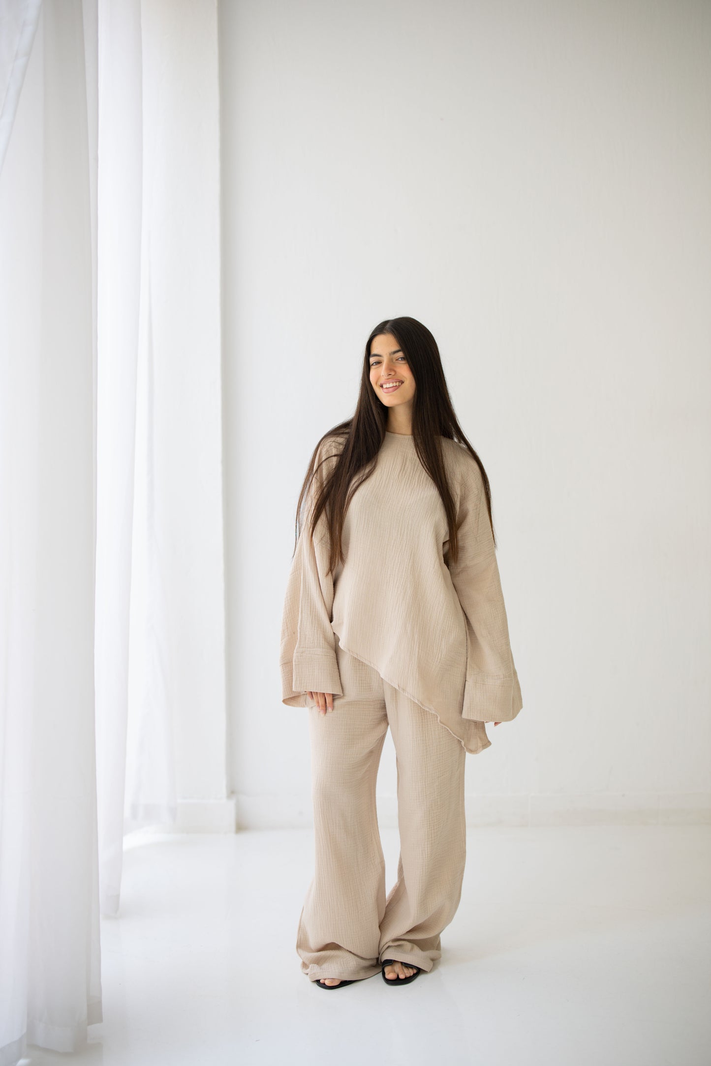 Cotton beige set with asymmetrical top