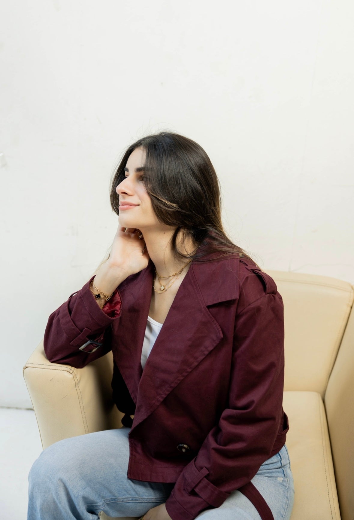 Cropped Trench Coat in burgundy