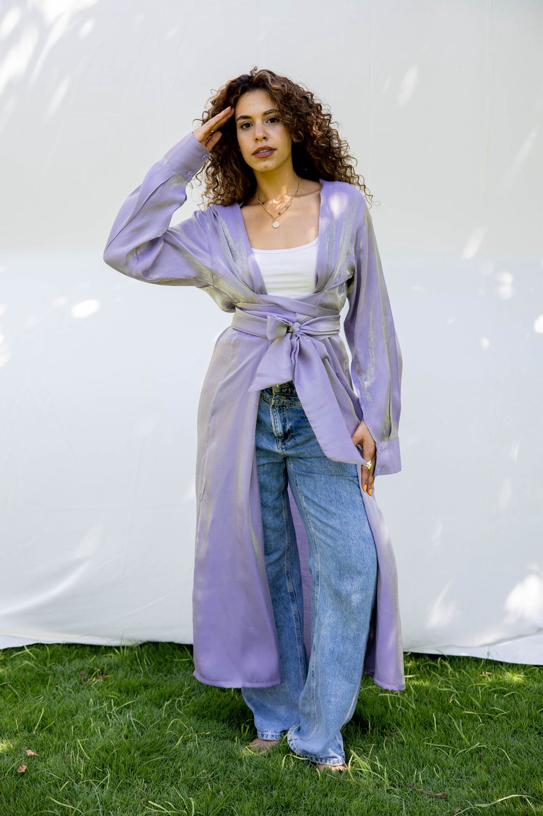 Shimmer wrap-tie long shirt