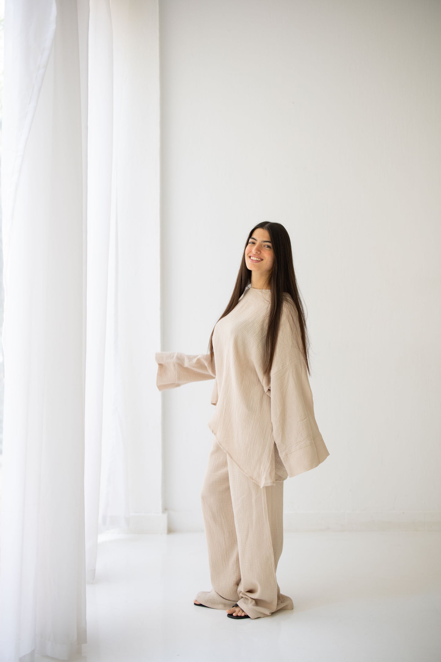 Cotton beige set with asymmetrical top