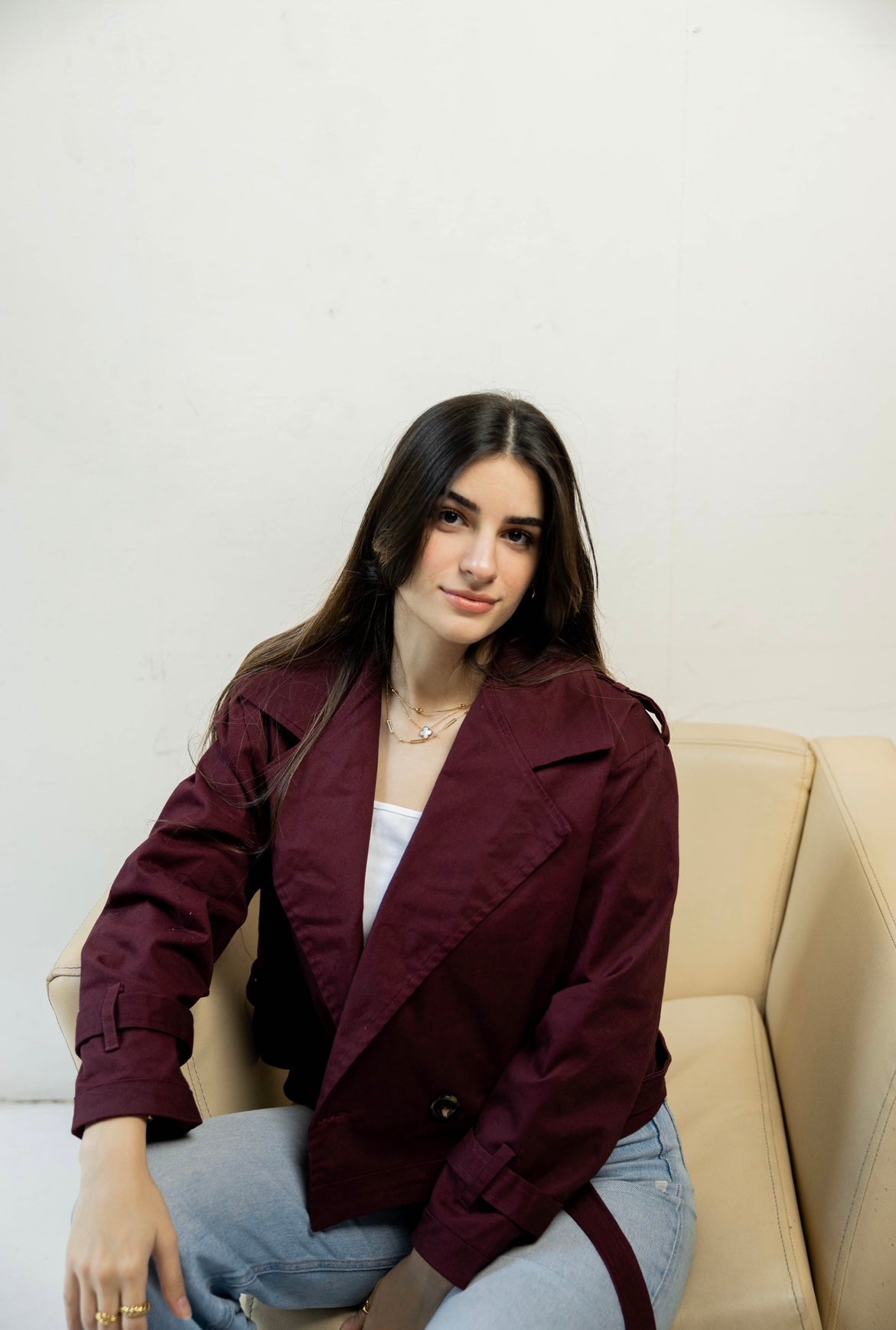 Cropped Trench Coat in burgundy