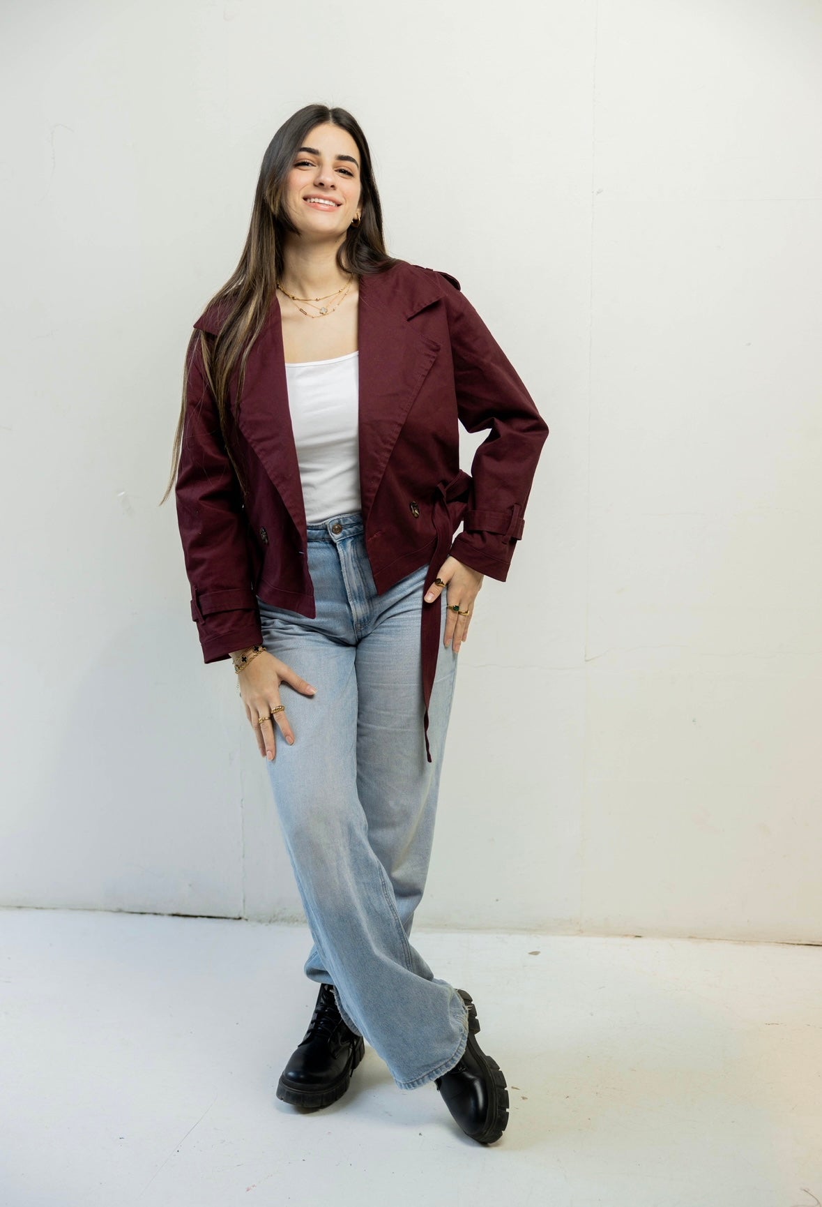 Cropped Trench Coat in burgundy