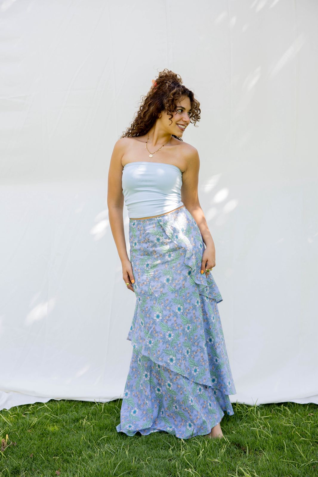 blue linen floral skirt