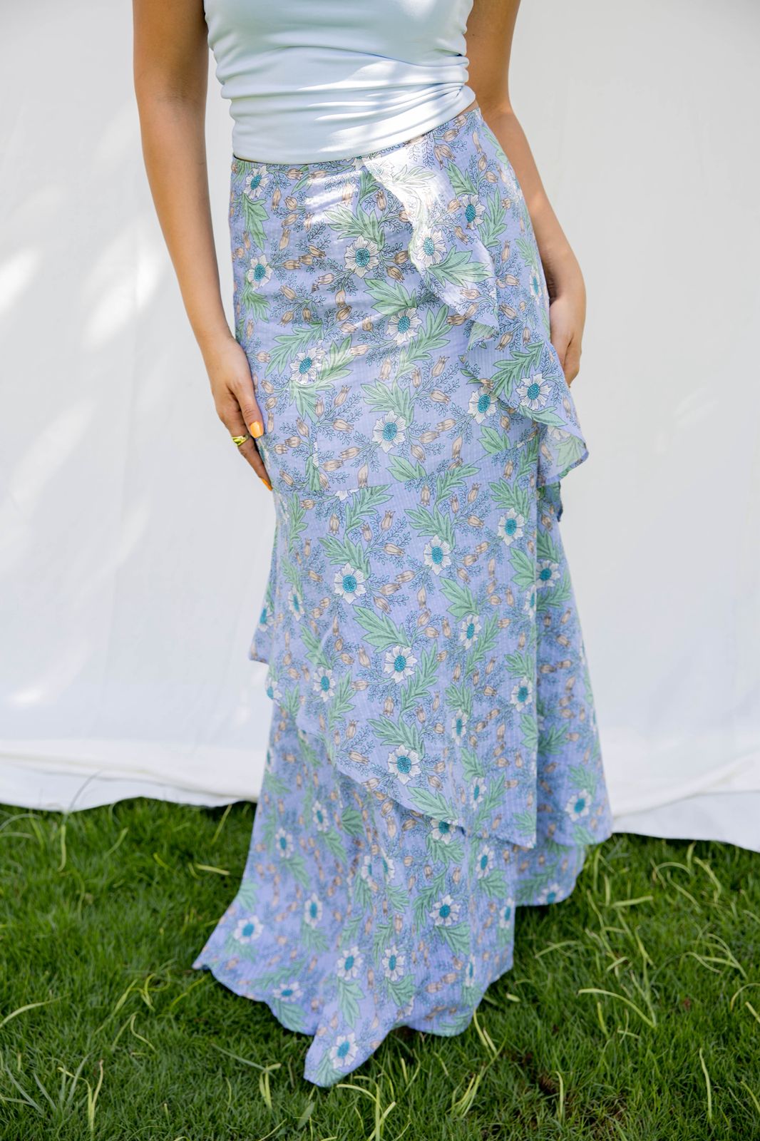 blue linen floral skirt