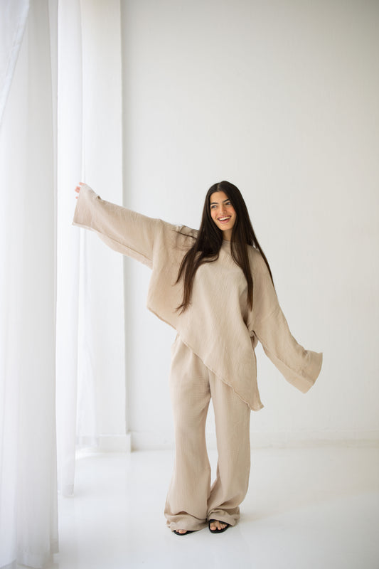 Cotton beige set with asymmetrical top