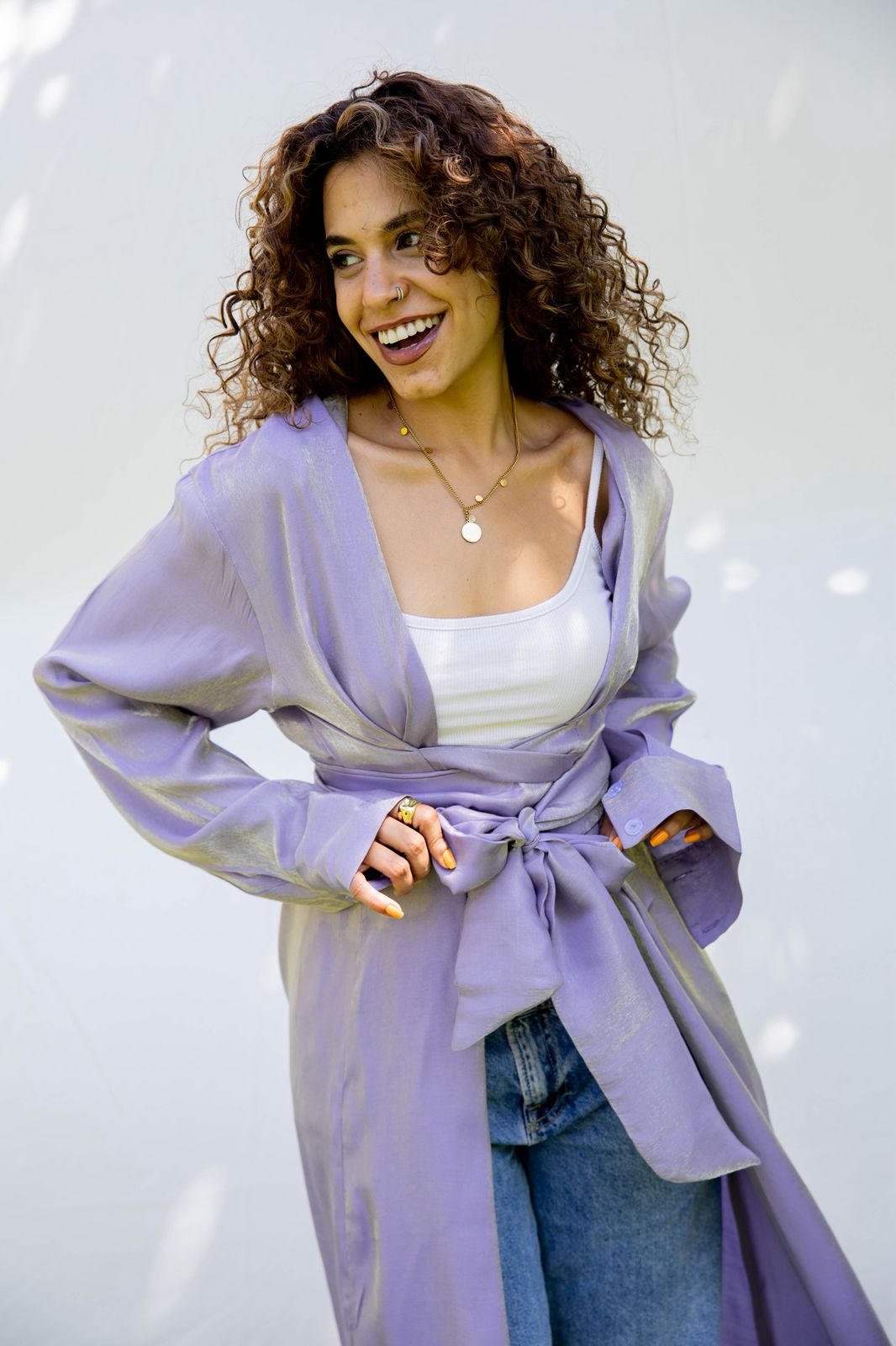 Shimmer wrap-tie long shirt