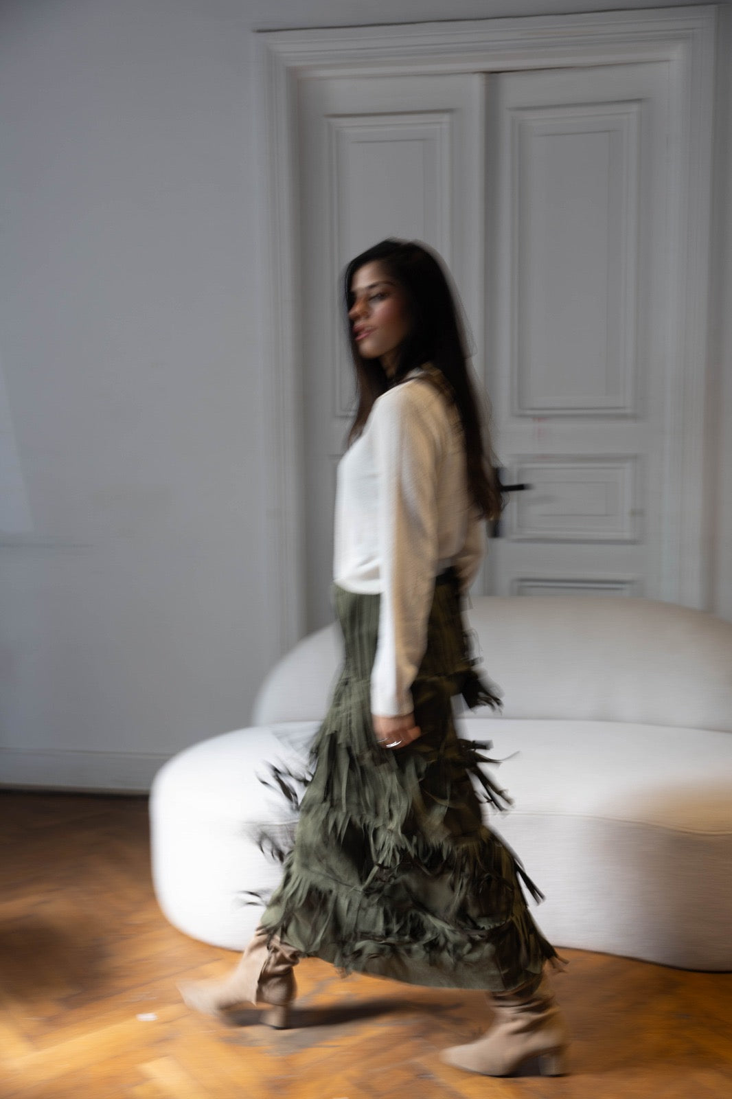 The fringe statement skirt in Olive