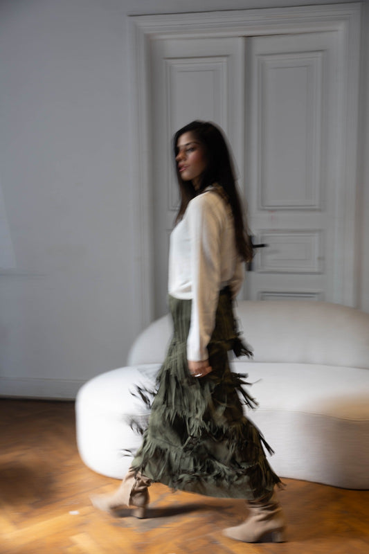 The fringe statement skirt in Olive