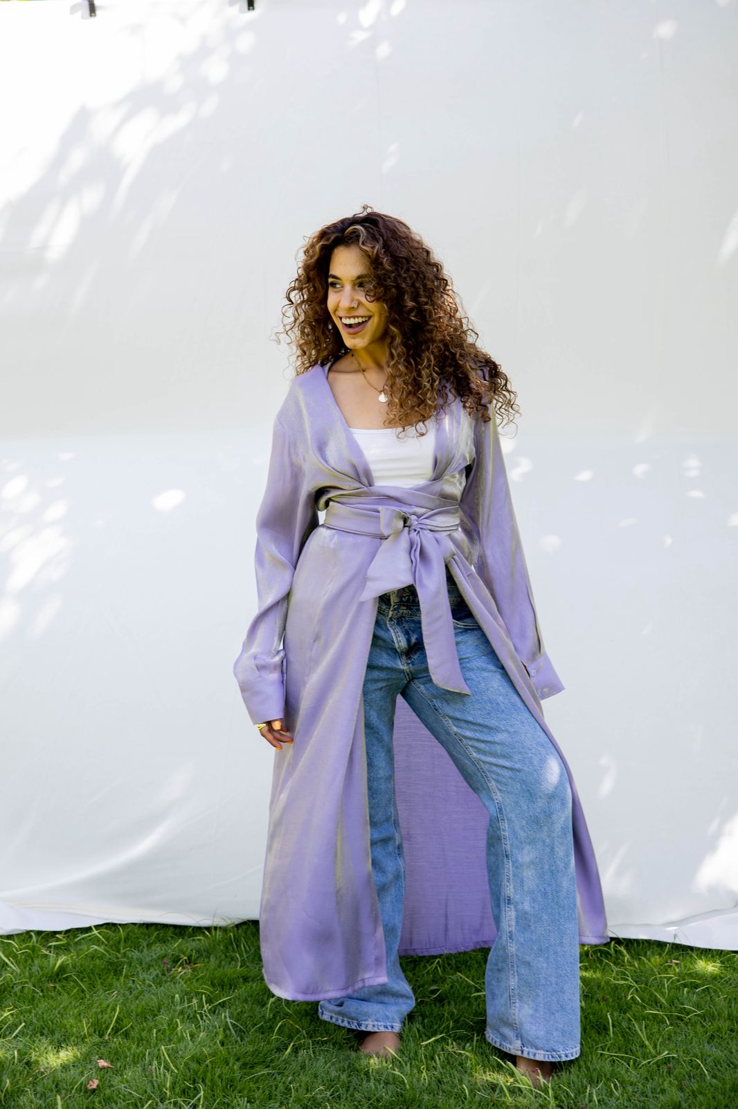Shimmer wrap-tie long shirt