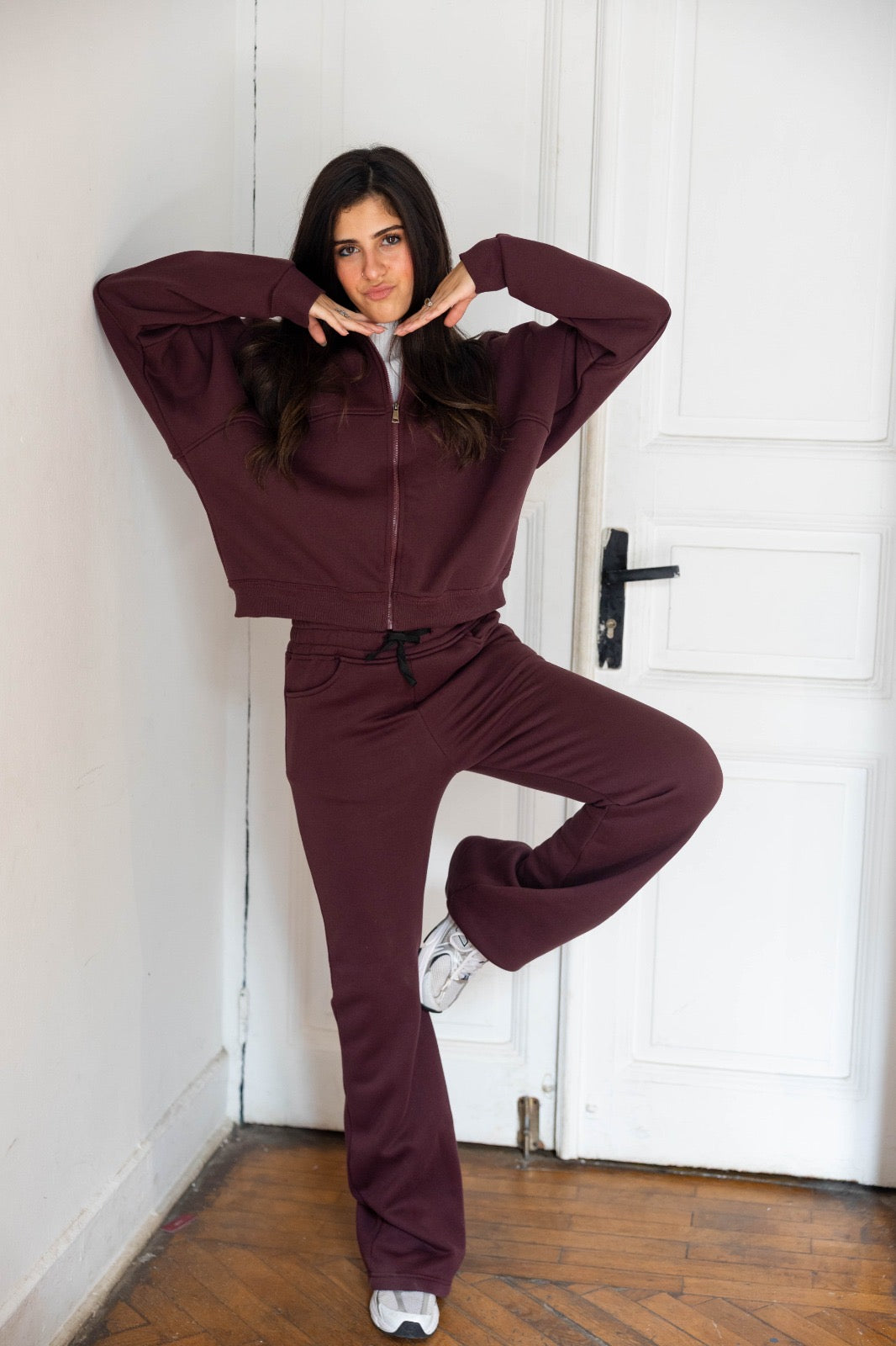 Track suit with flare pants in burnt maroon