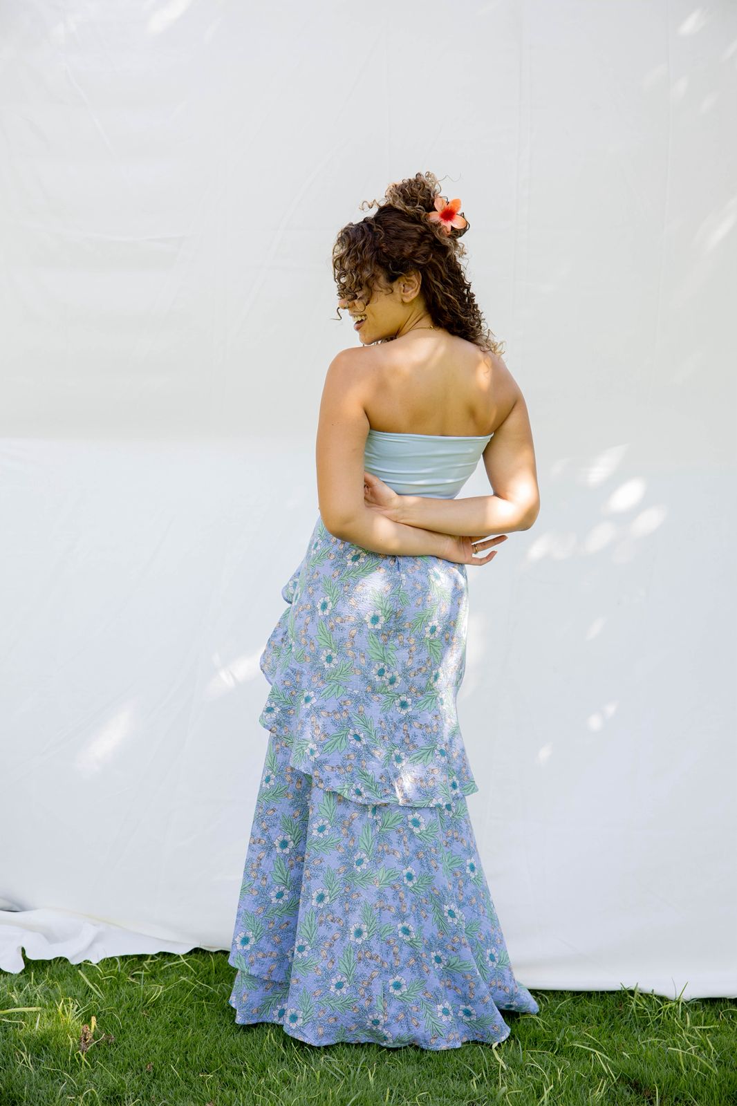 blue linen floral skirt